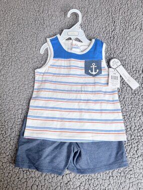 NWT Bloomin' Baby Boys 2-Piece Set Nautical Anchor Striped Tank & Shorts